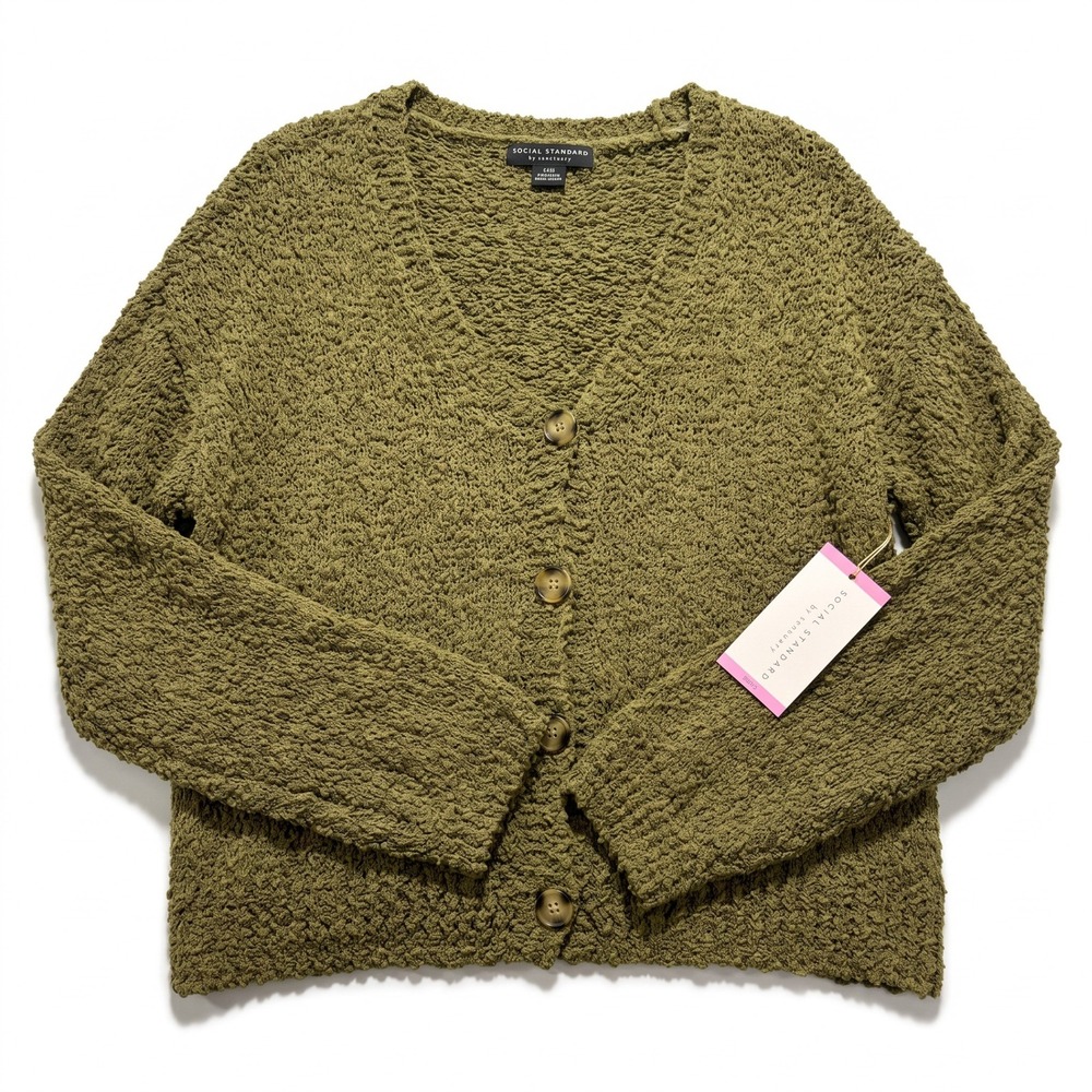 Social Standard by Sanctuary Womens S Olive Popcorn Knit V-Neck Cardigan Cozy